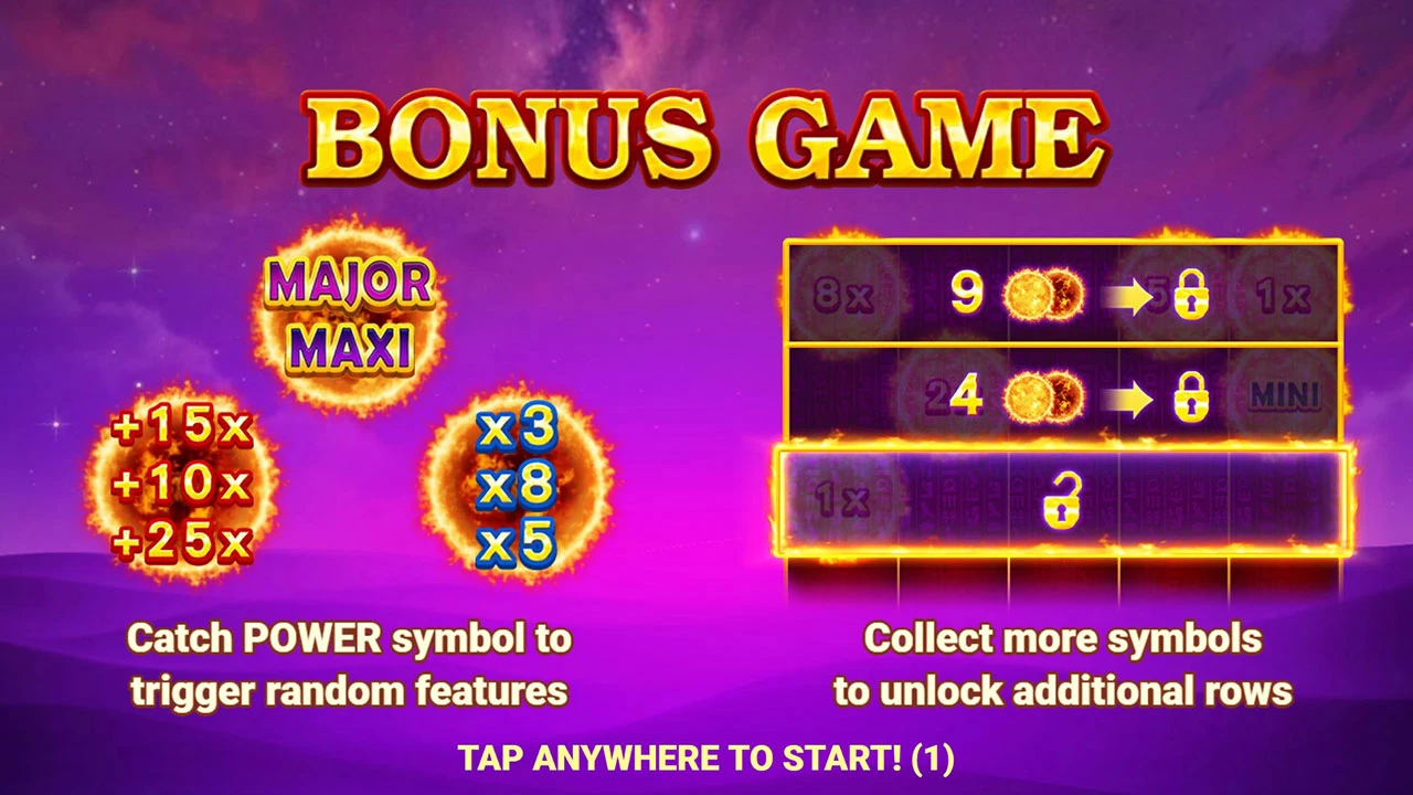Sun of Egypt 5 Bonus Game ekrani — Power belgisi va jekpot darajalari