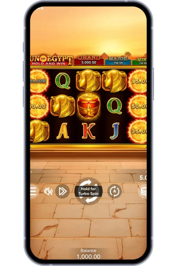 Sun of Egypt 5 mobil versiyasi — smartfon ekranida Hold and Win jarayoni